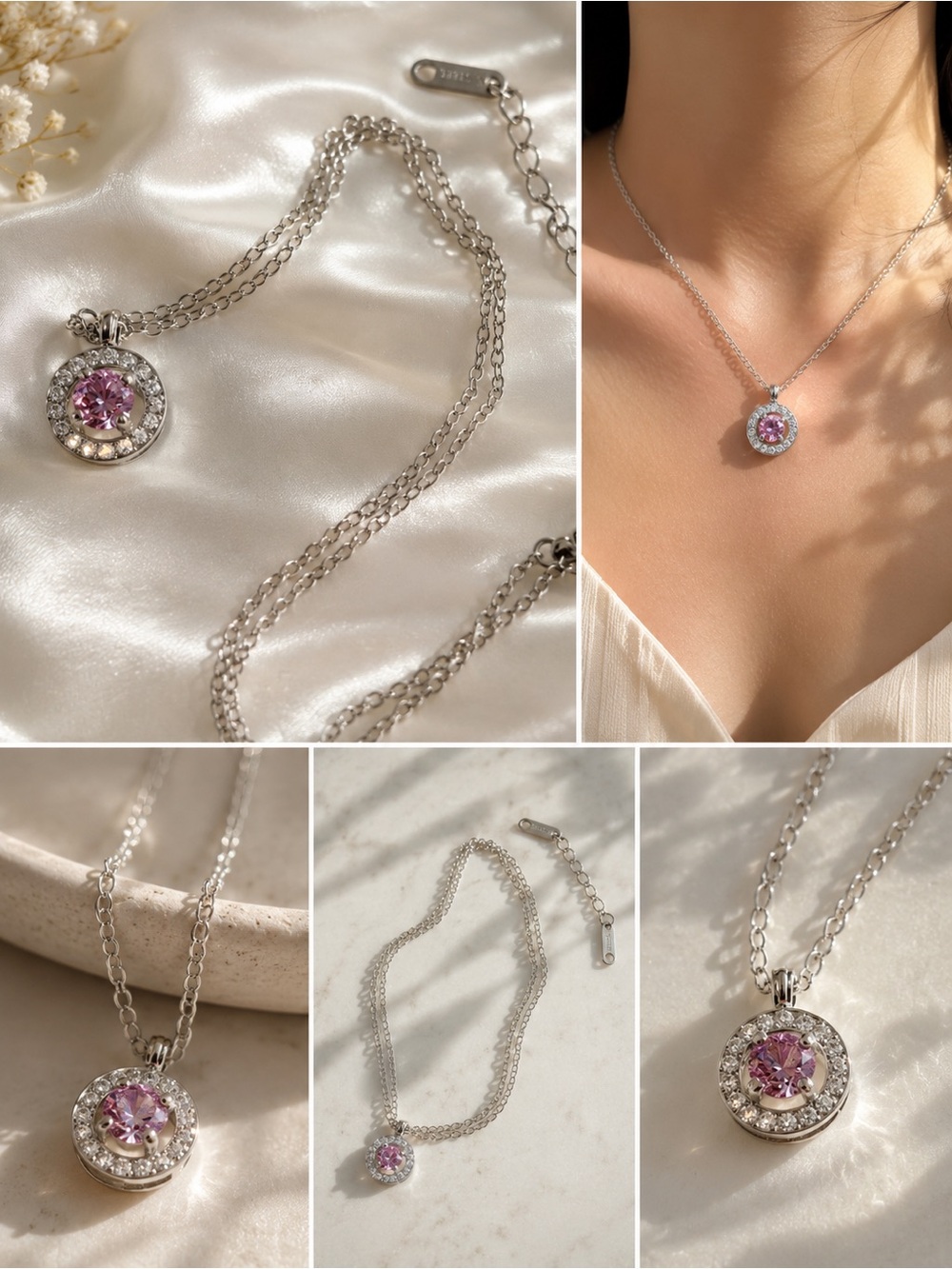 Stainless Steel Necklace with Pink Crystal Halo Pendant - Elegant Women Jewelry